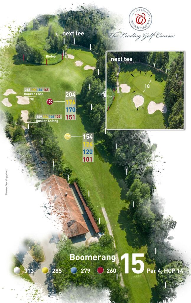 Boomerang, der Name der 15. Spielbahn im Golfclub Bodensee